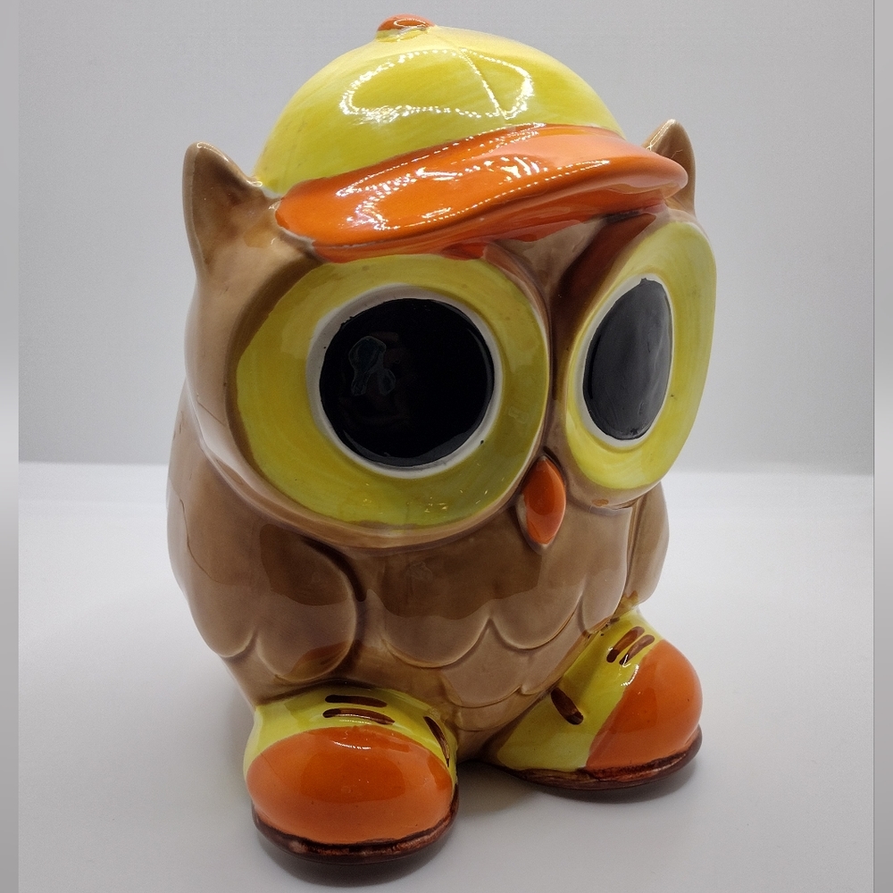 Vtg Relpo Owl Planter 6900 Ceramic Figurine Lg. Eyes Orange Brown Japan Hat Shoe